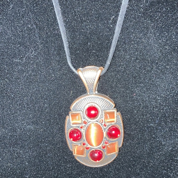 Necklace, copper base with 4 red glass stones, and 5 orange cat eyes $29 - Picture 4 of 13